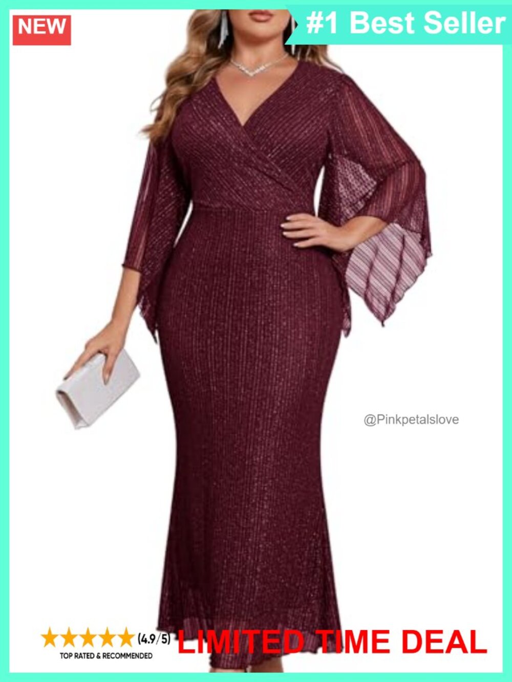 Plus Size Sparkly Lace Formal Maxi Dress V Neck Mermaid Evening Wedding Guest